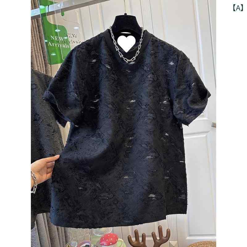 乐天商城 - Tシャツ 女性用 ブラック レース 切り替え 刺繍 短袖 トップス ファッション スタイリッシュ カジュアル 軽量 コットン 混紡 ゆったり シルエット 春夏 コーディネート 日常使い 吸湿速乾 通勤 外出 レイヤード