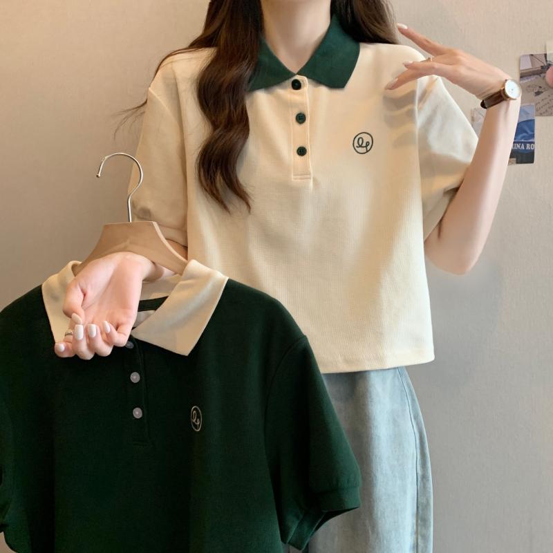 Tシャツ 女子 中学生 高校生 短袖 夏 2025 春夏 新款 ゆったり 体型カバー 短丈 ポロ襟 トップス コットン 接触冷感 吸湿速乾 軽量 普段使い 学校用 カジュアル ブラック ピンク系 アイボリー