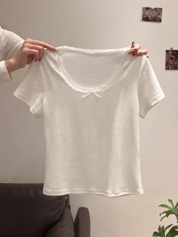 Other - Tシャツ 女性用 春夏 レース 切り替え スクエアネック 鎖骨見せ スリム 短袖 インナー 蝶結び トップス かわいい 軽量 綿混 吸湿速乾 通勤 普段使い カジュアル