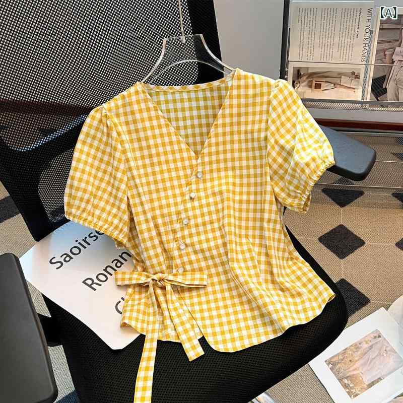 トップス 女性用 黄色 チェック柄 短袖 Vネック シフォン素材 軽量 春夏 かわいい 短め丈 ブラウス シャツ 普段使い 吸湿速乾 通勤対応 爽やか スタイルアップ riverpaddy-11245470 リバーパディ サンプル画像2