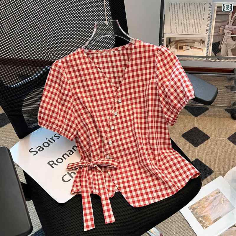 トップス 女性用 黄色 チェック柄 短袖 Vネック シフォン素材 軽量 春夏 かわいい 短め丈 ブラウス シャツ 普段使い 吸湿速乾 通勤対応 爽やか スタイルアップ riverpaddy-11245470 リバーパディ サンプル画像3