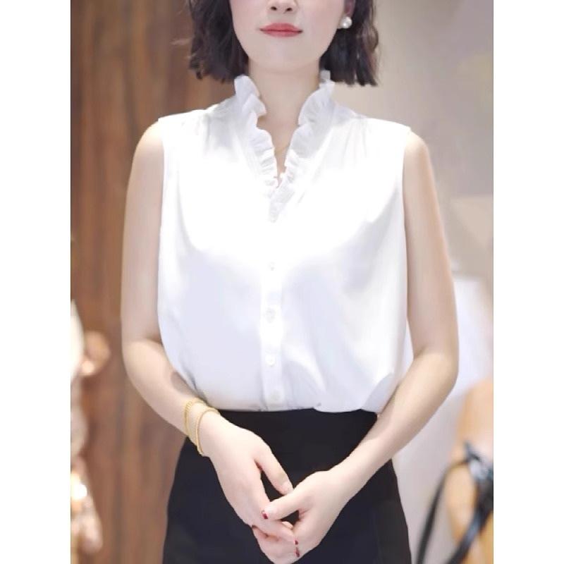 Other - レディース トップス シャツ 女性用 大きいサイズ ゆったりシルエット 春夏 デザイン性 スタイリッシュ フレッシュ レースエッジ Vネック ノースリーブ ブラウス 接触冷感 軽量 通勤 普段使い カジュアル 綿混 アイボリー 白 ブラック