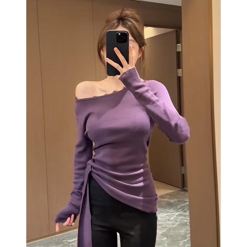 Rakuten - ニット トップス 女性用 切り替え デザイン 修身型 一本肩 ブラウス 百搭 気質 服 伸縮性 素材 軽量 普段使い ブラック グレー アイボリー