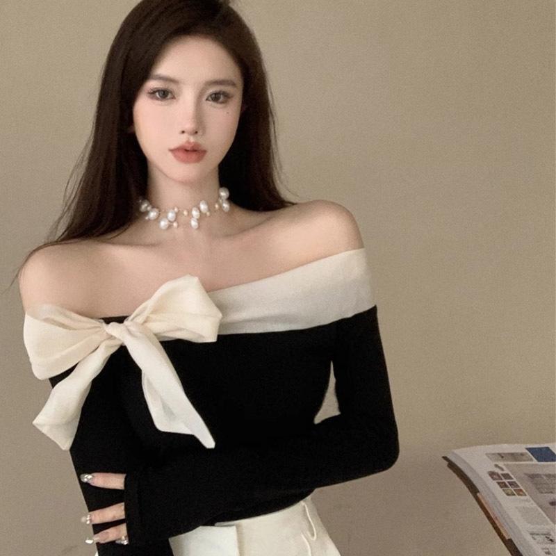 Rakuten - レディース トップス 春秋 長袖 Tシャツ 肩出し ワンショルダー インナー セクシー 修身 フィット スタイル フレンチ ファッション かわいい 女性用 ブラウス 切り替え デザイン 軽量 伸縮性 吸湿速乾 ブラック ピンク系