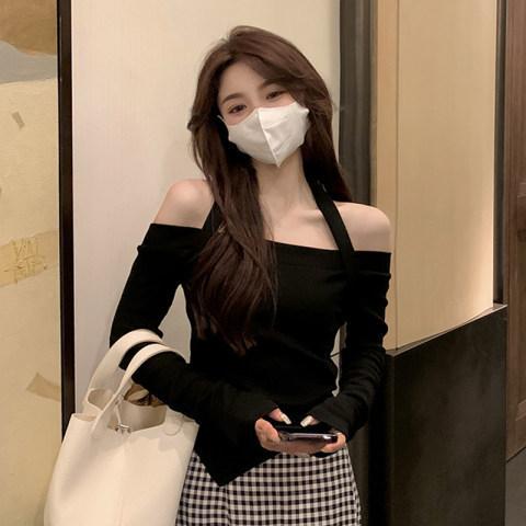 トップス 女性用 春夏 ロゴニット ワンショルダー 長袖 フィット かわいい 修身 レイヤード コットン ストレッチ 軽量 ブラック ピンク..