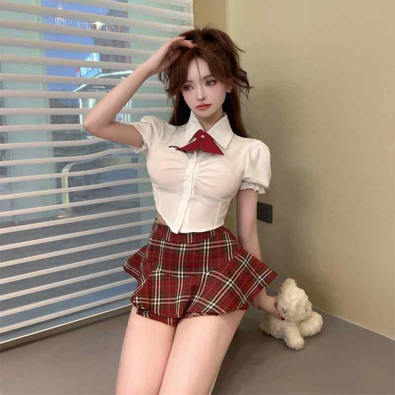 Other - 学院 JK 制服 セット かわいい スパイシー バインダー 短め トップス ハイウエスト チェック柄 スカート 半身スカート 女子用 学生服 春夏 コスプレ 通学 普段使い 綿素材 軽量 伸縮性 ビッグシルエット ブラック グレー系 アイボリー