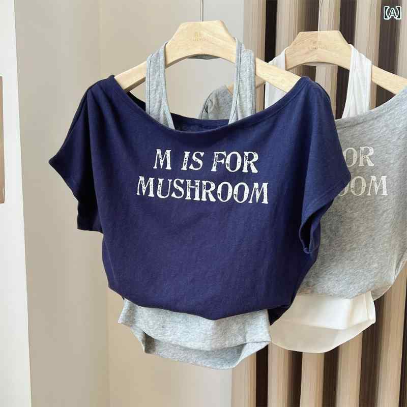 Garments - レディース Tシャツ トップス 短袖 春夏 ビンテージ アルファベットプリント プリーツ ウエスト切り替え フェイクツーピース ハングネック 肩出し ブラウス 軽量 伸縮性 吸湿速乾 コットン混 ブラック ピンク系 アイボリー カジュアル 普段使い