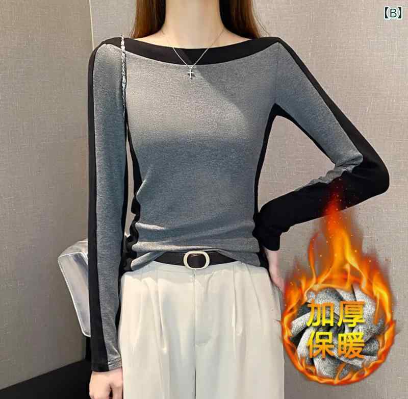 長袖 Tシャツ 女性用 秋冬 修身 厚手 裏起毛 インナー 暖か トップス ピッタリシルエット レイヤード コットン混 伸縮性 ブラック グレー ネイビー 暖房不要 室内着 デイリー 軽量 柔らかい 接触冷感なし 吸湿速乾 ベーシックスタイル 2