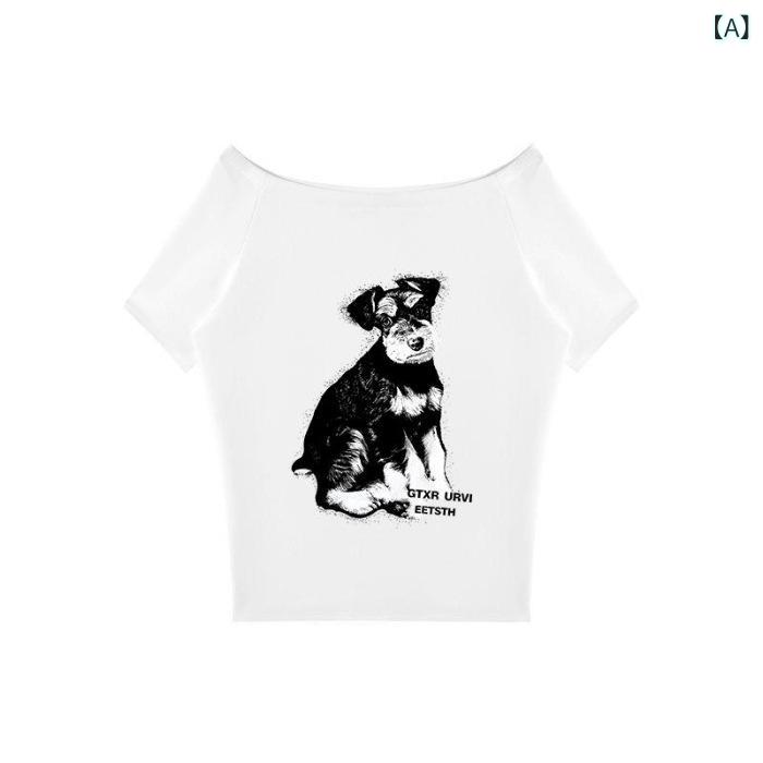 Rakuten - Tシャツ 女性用 夏 韓国 かわいい犬柄 プリント ギャル 肩出し 短袖 ルーズフィット ラフスタイル 薄手 斜め肩 トップス コットン 吸湿速乾 通勤 普段使い 軽量 ビッグシルエット ブラック ピンク系