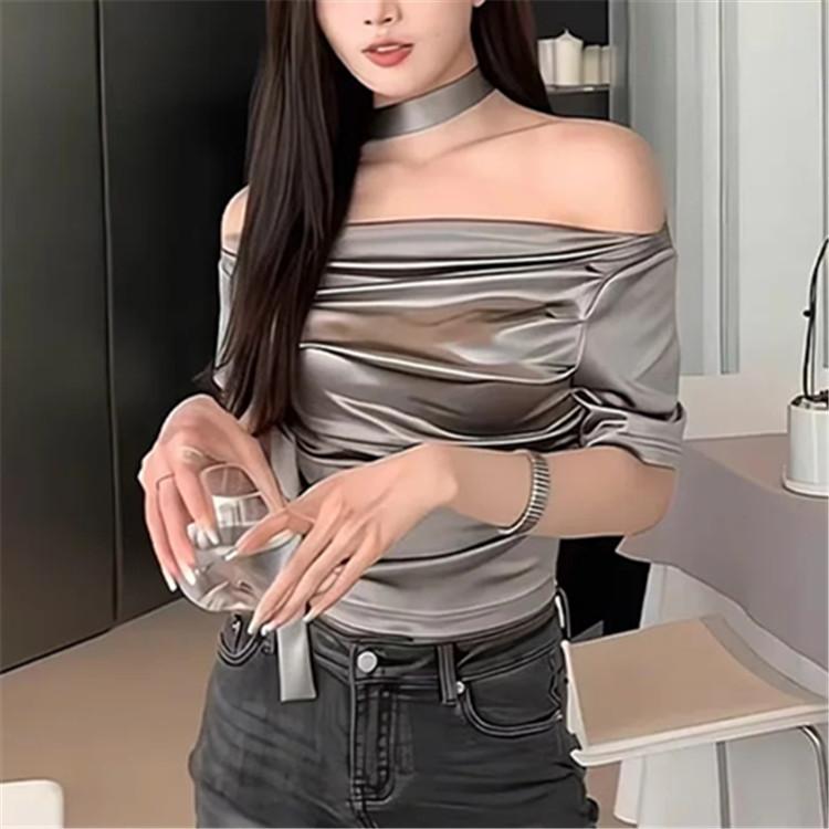 樂天商城 - 女性用 トップス セクシー ワンショルダー フリル 短袖 Tシャツ 光沢 デザイン かわいい 女性服 ストリートファッション ネットセレブ スタイル コットン ポリエステル 伸縮性 軽量 通勤 普段使い ブラック ピンク系 アイボリー 春夏