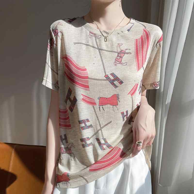 Tシャツ 女性用 春夏 短袖 国 水墨画柄 打底 トップス シンプル 優しい フレンチスタイル ニット 綿混 吸湿速乾 軽量 通勤 普段使い ブラック グレー系