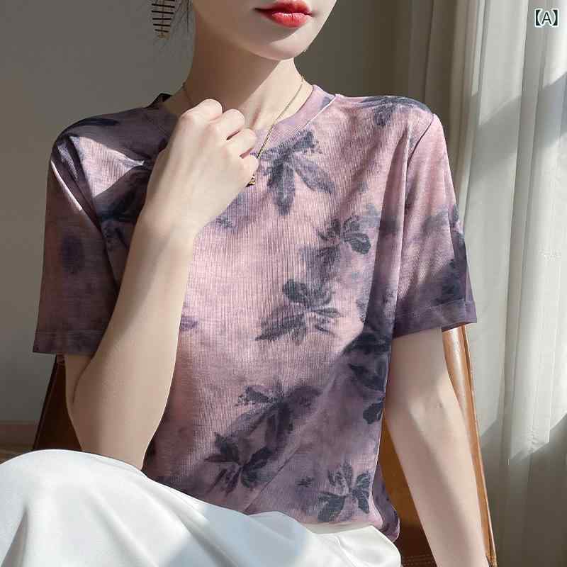 リバーパディのTシャツ 女性用 春夏 短袖 国 水墨画柄 打底 トップス シンプル 優しい フレンチスタイル ニット 綿混 吸湿速乾 軽量 通勤 普段使い ブラック グレー系｜アングル2