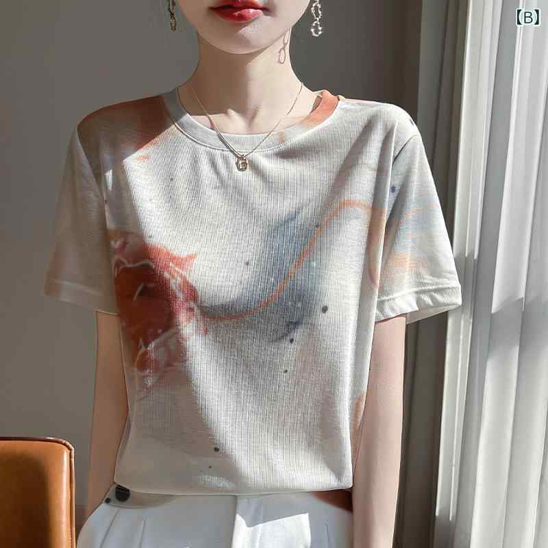 リバーパディのTシャツ 女性用 春夏 短袖 国 水墨画柄 打底 トップス シンプル 優しい フレンチスタイル ニット 綿混 吸湿速乾 軽量 通勤 普段使い ブラック グレー系｜アングル3