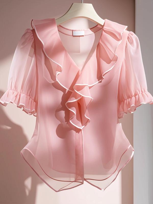 乐天商城 - ブラウス レディース 春夏 かわいい 泡袖 ピンク シフォン トップス 女性用 トレンド 洋気 高級感 別注 個性的 フレアエッジ 軽量 吸湿速乾 通勤 普段使い ソフト素材 フェミニン スタイル