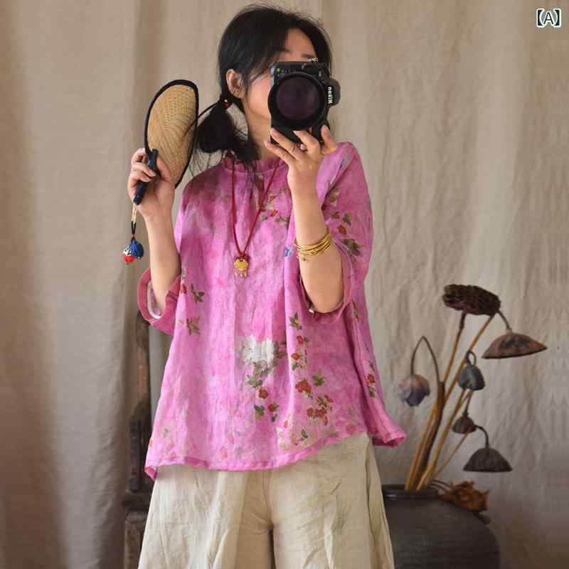 青梅 苧麻 シャツ レディース 短め丈 減齢 デザイン 数印花 柄 撞色 荷叶领 ディテ...