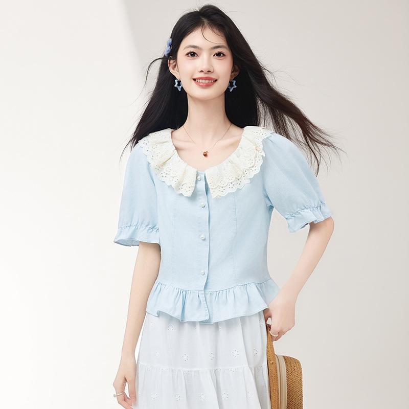 シャツ 女性用 春夏 法式 復古 甘め 収腰 レース ドッキング ドールカラー 半袖 トップス 軽量 綿混 フレアシルエット ブラウス ピンク..