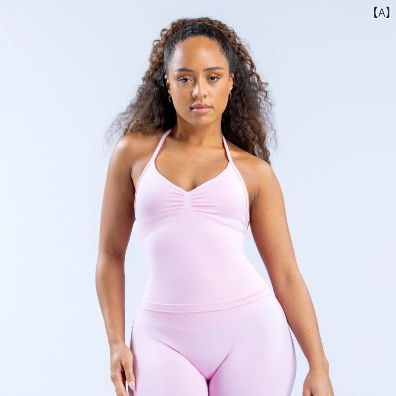 女性用 ヨガ タンクトップ 速乾 ハンギングネック トップス 取り外し可能 胸パッド...