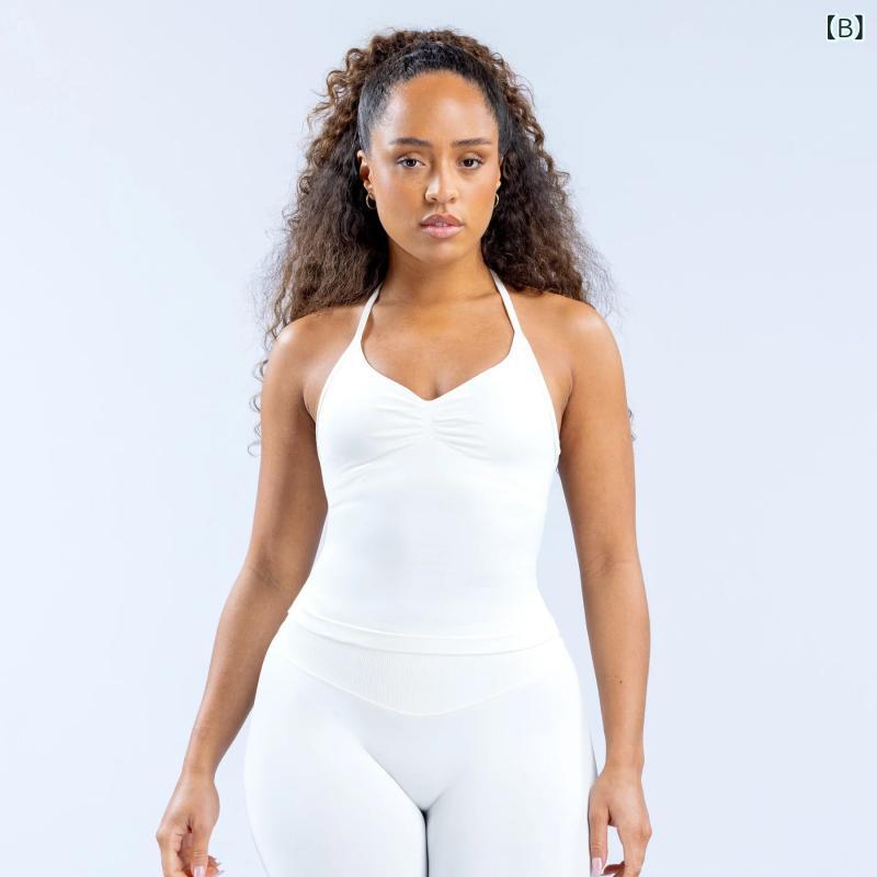 女性用 ヨガ タンクトップ 速乾 ハンギングネック トップス 取り外し可能 胸パッド...