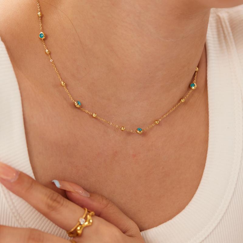 Cubic Zirconia - ネックレス 女性用 18Kゴールドメッキ ステンレス グリーンストーン ビーズチェーン 個性派 アクセサリー 普段使い 軽量 シンプルデザイン グリーン系