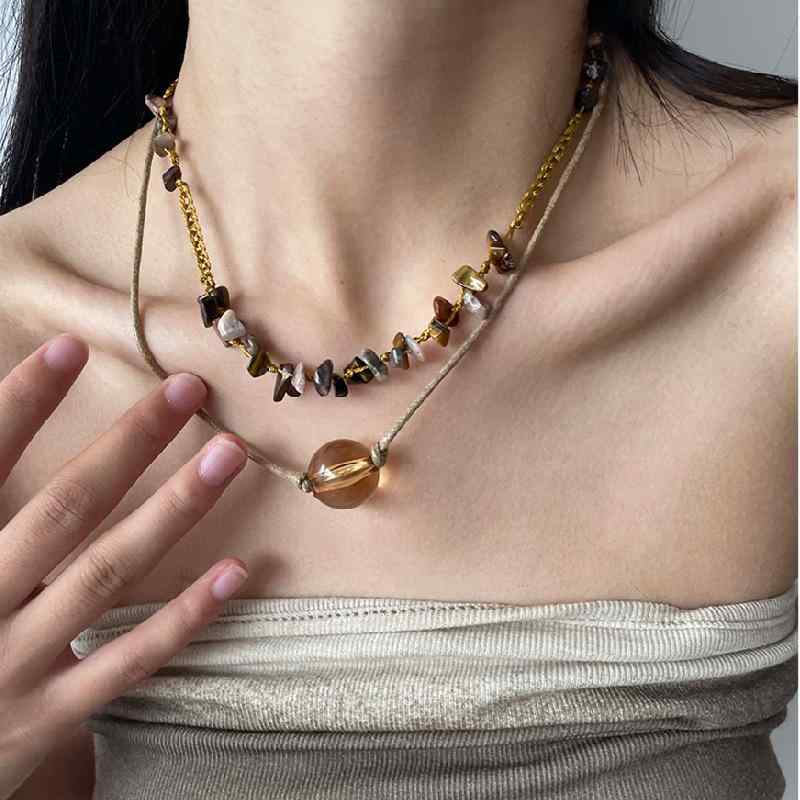 樂天商城 - ネックレス ボヘミアン ハンドメイド 編み込み 二層 ストーン クリスタル 麻縄 ターコイズ 調整可能 女性用 かわいい 軽量 天然石 アクセサリー レイヤード グリーン カジュアル 普段使い