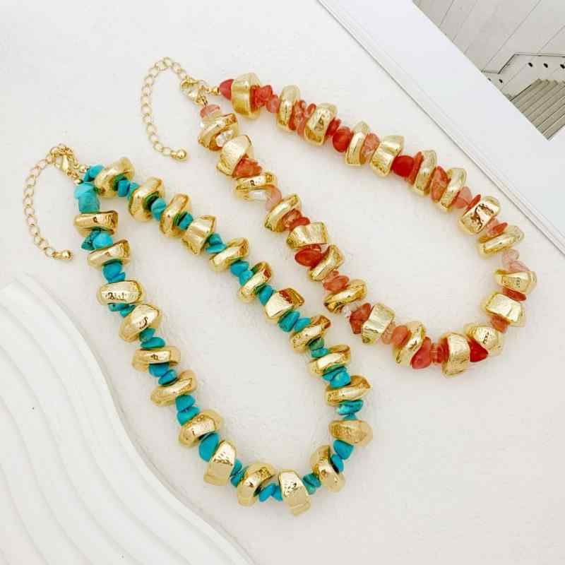 Yellow - ネックレス 女性用 ボヘミアン ハンドメイド ビーズ加工 欧米 派手 大ぶり 不規則 形状 砕石 異形 鎖骨チェーン 軽量 アクセサリー 普段使い 華やか デザイン ゴールド シルバー ミックス