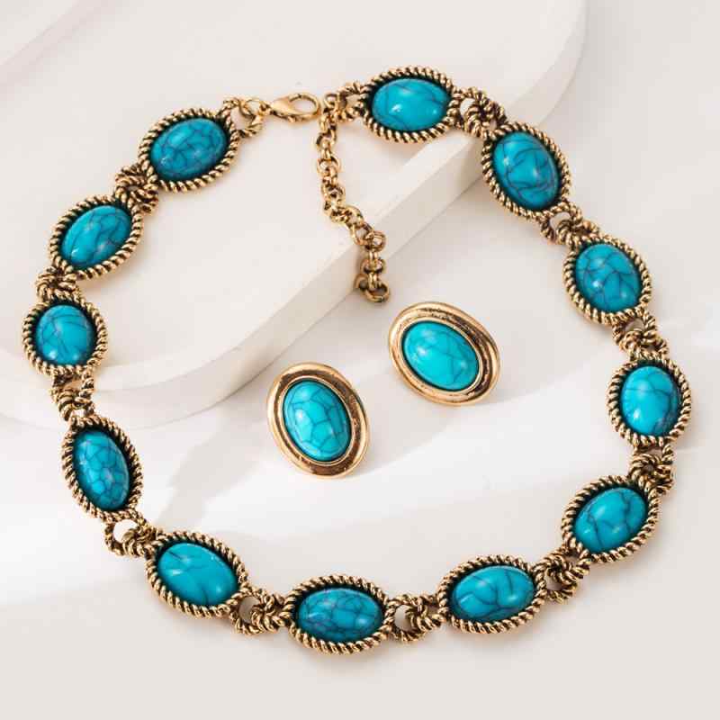 Paraiba - ネックレス イヤリング セット 女性用 欧米 復古 ボヘミアン スタイル ファッション アクセサリー グリーン ターコイズ 素材 シルバー 針 デザイン エスニック モチーフ かわいい 日常使い 軽量 細工 シルバー チェーン ドロップ 形状 ボリュー