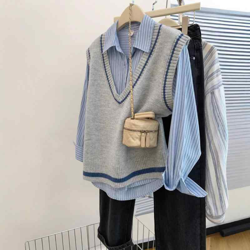 ニット ベスト 女性用 Vネック 切り替え 早秋 ニット トップス 軽量 伸縮性 レイヤード 普段使い 秋 ブラウン系 グレー系 ベージュ