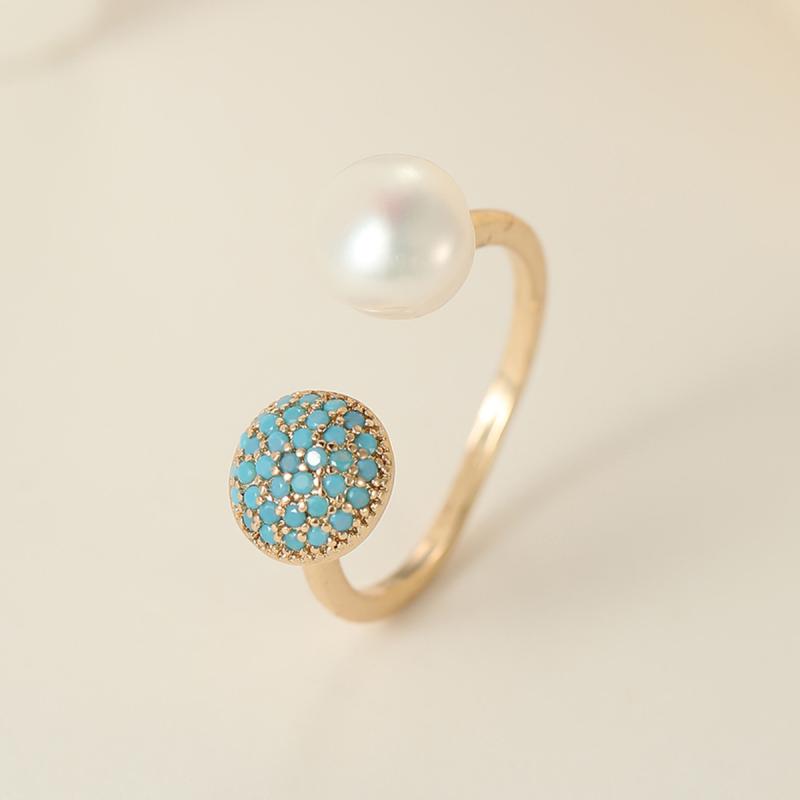 樂天商城 - 指輪 女性用 かわいい ファッション アクセサリー 淡水パール ターコイズ ブルー ジルコニア オープン リング アジャスタブル 洗練 スタイル 手元 装飾 軽量 普段使い シルバー アクセント