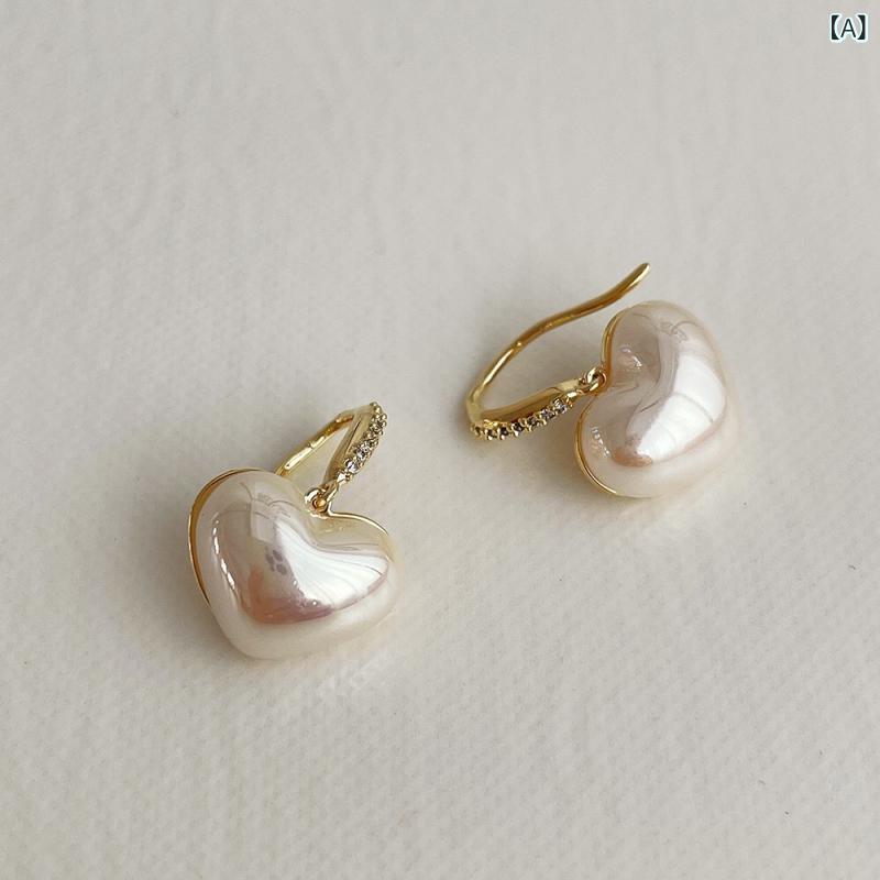 Cubic Zirconia - イヤリング 女性用 韓国 気質 シンプル 百搭 ハート型 耳飾り 復古 ジルコニア パール かわいい 軽量 ゴールド加工 普段使い シルバー カジュアル