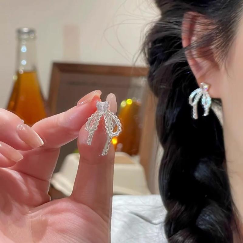 Aquamarine - イヤリング 女性用 レース 蝶結び シルバー925 ピン 耳飾り 精致 デザイン 高級感 アクセサリー かわいい 繊細 シルバー ファッション ヘアアクセサリー ジュエリー