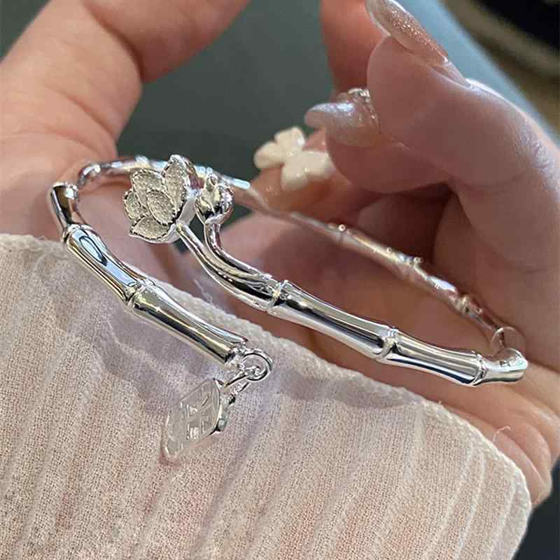 ブレスレット 女性用 シルバー 竹 平安モチーフ 竹節 蓮花 紐 ライン 波浪 シンプル リング 高級感 手環 アクセサリー ジュエリー ファッション 軽量 日常使い 銀メッキ 華奢 デザイン(4.0)