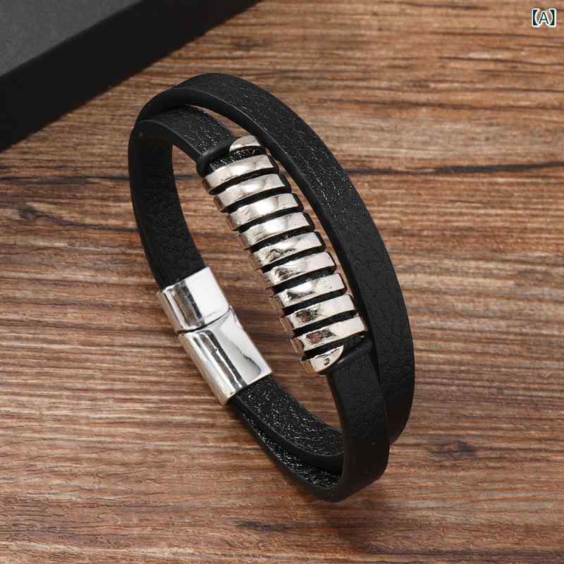 リバーパディのブレスレット ハンドメイド 革製 メンズ レディース 多層 磁気吸着 バックル 個性派 トレンド カジュアル 普段使い ブラウン系 柔軟素材 軽量 スタイリッシュ アクセサリー｜アングル2