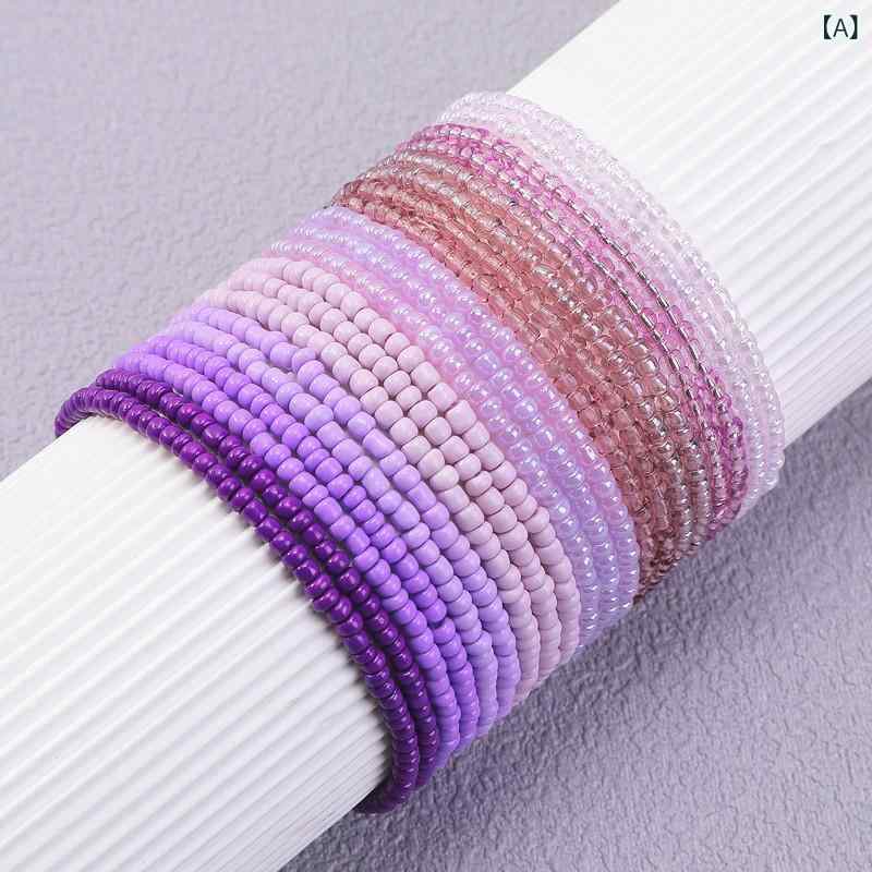 リバーパディのブレスレット レディース 欧米 ボヘミアン ハンドメイド ビーズ 20連 マルチレイヤー ガラスビーズ パープル系 グラデーションカラー アクセサリー 重ね付け 腕輪 おしゃれ かわいい ギフト ジュエリー 華やか 繊細 軽量 個性派 高見え 上品 エ｜アングル2