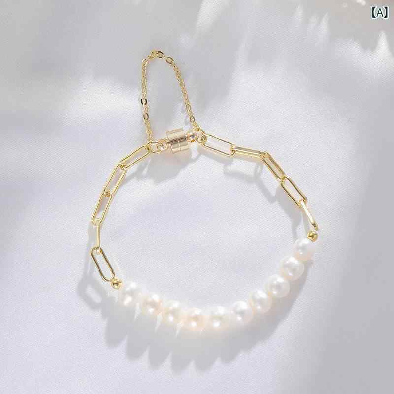 リバーパディのブレスレット 女性用 淡水パール シンプル 金属チェーン かわいい 普段使い アクセサリー シルバー ゴールド ベーシック ジュエリー ファッション 手元 華やか 軽量 ギフト ラッキーアイテム｜アングル2