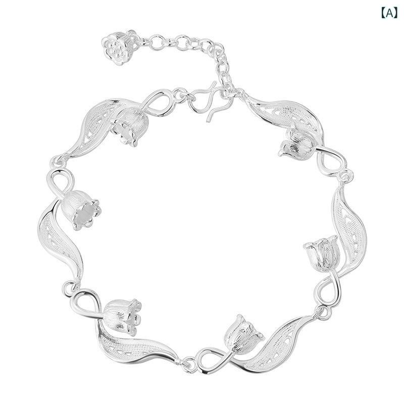 リバーパディのブレスレット レディース かわいい 花柄 鈴蘭 モチーフ 軽量 シンプル モダン スタイリッシュ アクセサリー 日常使い シルバー トーン 波状 チェーン 華奢 タイプ ギフト 向き ジュエリー アイテム 春夏 コーディネート フ｜アングル2