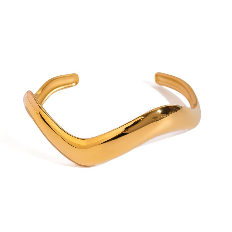Other - ブレスレット 女性用 シンプル モダン 不規則 形状 チタン スチール 素材 18K ゴールド カラーリング ステンレス 鋼 耐久性 波浪 デザイン 大きめ 光沢 表面 ファッション アクセサリー 普段使い 軽量 調整可能 シルバー トーン ゴールド ミ