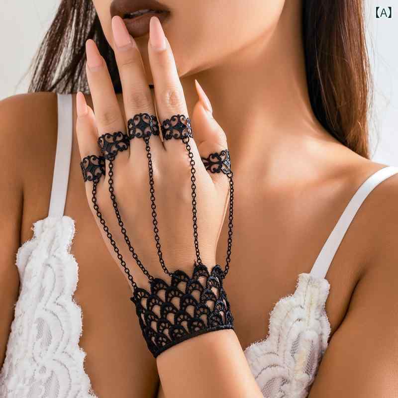 ハロウィン ゴシック チェーン リング 手首 フィンガーレス ブレスレット 女性 個性 コーン ネイル チェーン リング アクセサリー シルバー メタル ゴールド ブラック 秋冬 レイヤード スタイリング ファッション ジュエリー かわいい 神秘的 デザ 2