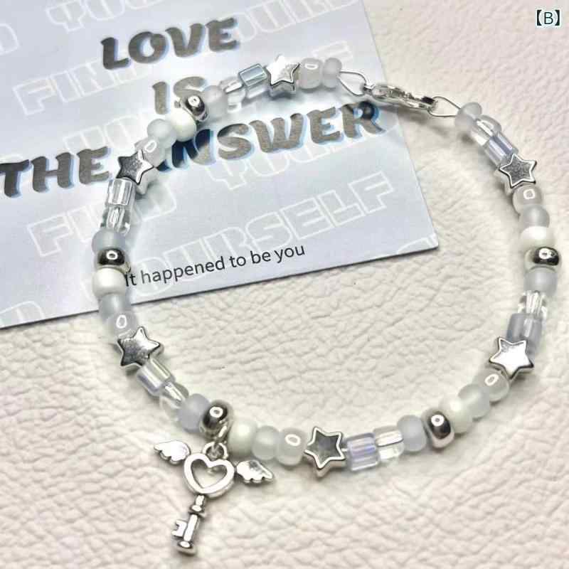 ブレスレット 女性用 かわいい ピンクブルー 星モチーフ ビーズ チェーン ハート ロック デザイン アクセサリー 手首用 普段使い 軽量 シンプル シルバー調 3