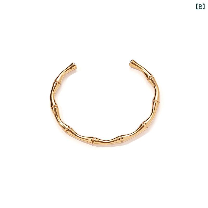 手首用 アクセサリー 女性用 18K金 電気メッキ加工 復古 竹節 デザイン タイタン製 オープン タイプ 手首用 ブレスレット 高級感 軽量 伸縮性 普段使い シルバー ゴールド 秋冬 3