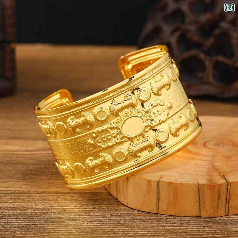 ブレスレット 女性用 民族 ボヘミアン ゴールド ワイド 腕輪 インド 欧米スタイル 装飾品 軽量 ゴールド加工 夏 春夏 かわいい 普段使い 3