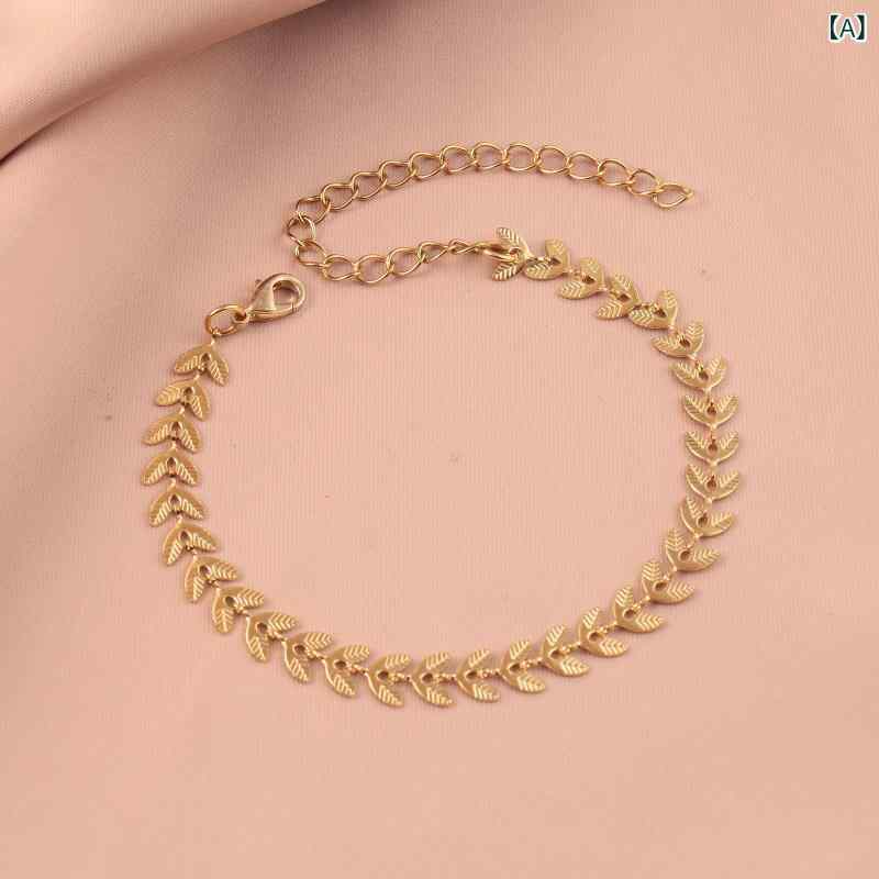 手链 女性用 ゴールドメッキ ステンレス 葉っぱモチーフ クールトーン アクセサリ...