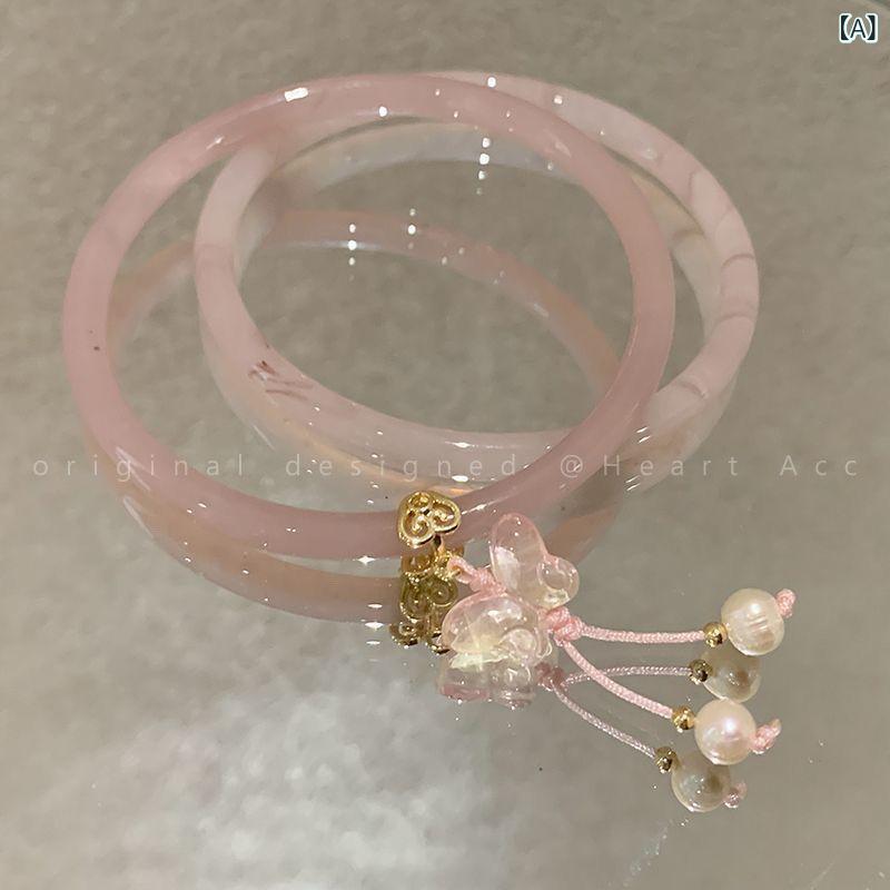 リバーパディの手首アクセサリー 女性用 ビーズ ブレスレット チャイナ風 ショール アクセサリー かわいい ピンク系 アイボリー 軽量 伸縮性 普段使い 部屋着 組み合わせやすい 再生繊維 ビッグシルエット 通勤用 アウトドア｜アングル2