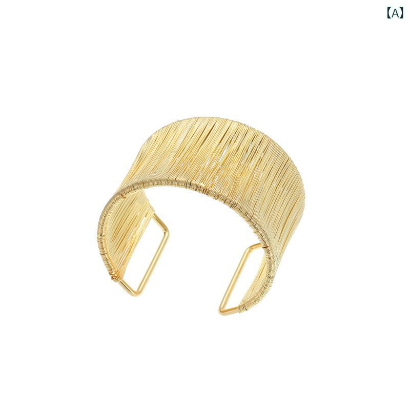 アクセサリー 女性用 個性派 パンク 镂空 腕輪 ブレスレット 高級感 ファッション オープンデザイン 金属 手首用 バングル 軽量 伸縮性 シルバー ゴールド 通勤用 普段使い カジュアルスタイル 2