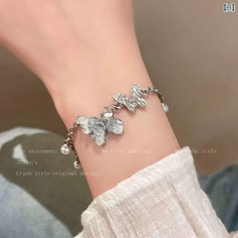 ブレスレット 女性用 夏 軽量 高級感 グラデーション ブルー 砕石 デザイン バタフライ モチーフ 個性 気質 アクセサリー 友達 プレゼント チェーン かわいい ファッション ジュエリー 3