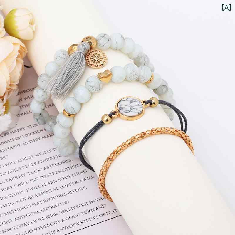 ブレスレット 女性用 タフストーン 流蘇 ラウンドストーン ハンドメイド ファッション トレンド ハンドチェーン 4点セット ボヘミアン スタイル アクセサリー 軽量 普段使い カラフル 天然石 2