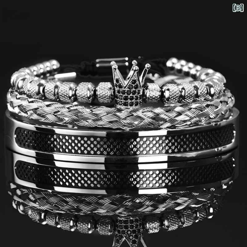 リバーパディのブレスレット 手首用アクセサリー 女性用 セット ブルージルコニア クラウン デザイン ステンレス メッシュ テクスチャ 軽量 輝き 普段使い かわいい ファッション ジュエリー｜アングル3
