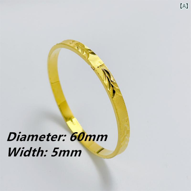 ブレスレット 女性用 5mm 光沢 格子柄 葉っぱモチーフ スナップ式 手首飾り 高級感 結婚式アクセサリー 不変色 ゴールド加工 華やか シンプル 日常使い 金属製 細身デザイン ゴールドカラー 2