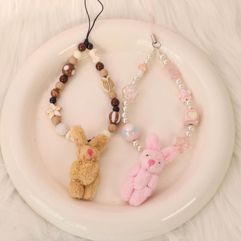 スマホケース アクセサリー かわいい ウサギ モチーフ キーホルダー チェーン ピンク ブラウン カメラストラップ 携帯ストラップ 日常使い 軽量 柔らかい素材 コンパクト デザイン ファッション アイテム ポップ スタイル