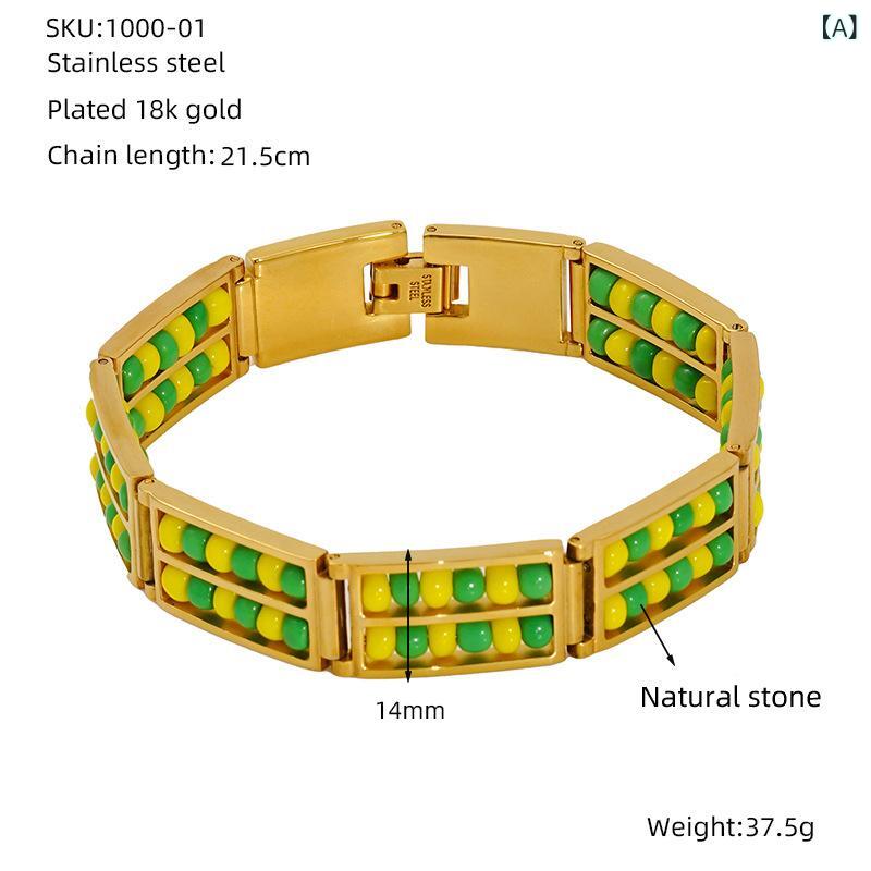 女性用 手首アクセサリー チタン製 18K 電気メッキ加工 ダブルチェーン ビーズチェーン 天然石 手錠 ブレスレット 手首リング 手首ブレスレット かわいい ファッション アクセサリー 百搭 色落ちなし 日常使い 軽量 伸縮性 シンプルデザイン シ 2