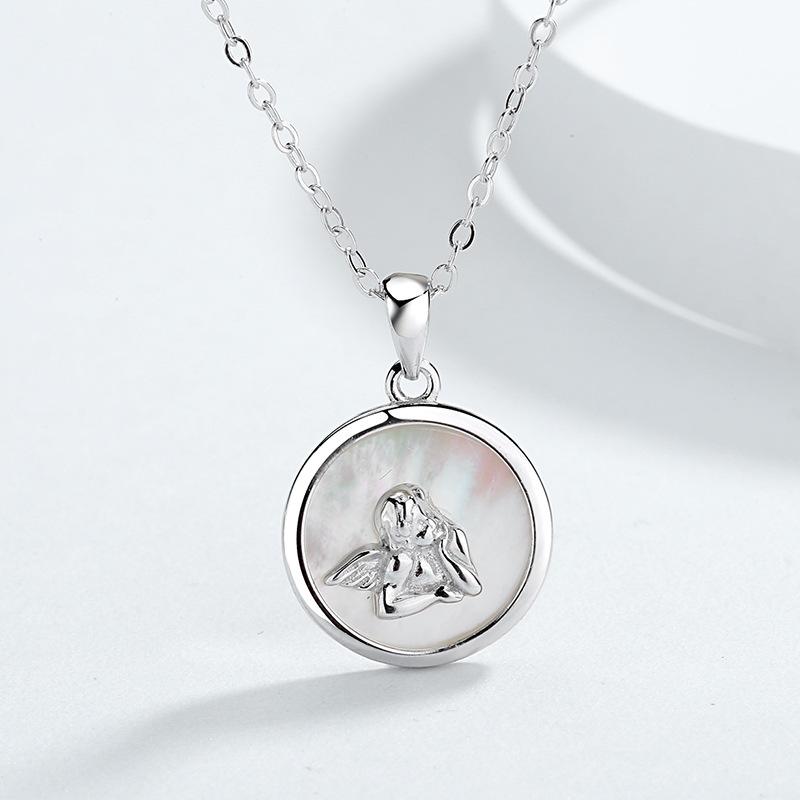 Cubic Zirconia - ネックレス 天使 貝殻 浮き彫り 復古 コイン 真珠母貝 ペンダント シルバーアクセサリー 軽量 華奢 デザイン かわいい 女性用 普段使い ギフト ラグジュアリー シルバー チェーン シンプル ジュエリー